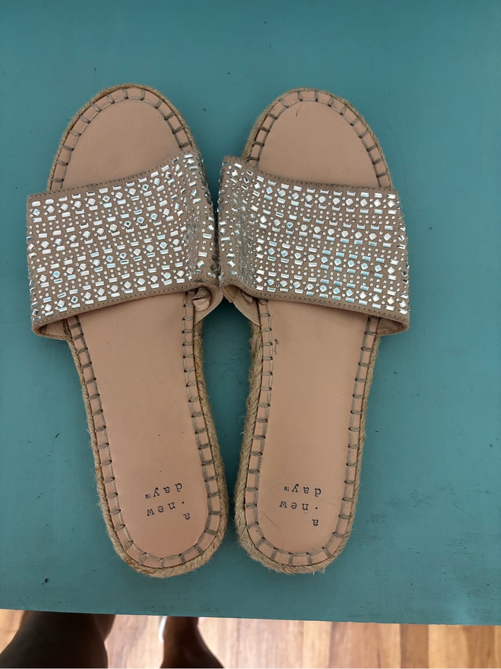 Embellished Nude Slide Sandals - Women